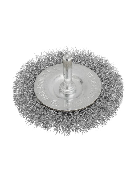 1 - Spazzola circolare 100 mm con fili in acciaio inox e gambo x trapano spessore 10mm 1 - Spazzola circolare 100 mm con fili in acciaio inox e gambo x trapano spessore 10mm