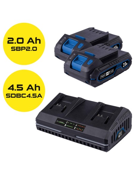 1 - Scheppach Kit Batterie SBSK2.0-TWIN-F 20V 2x2Ah Caricatore 4.5A