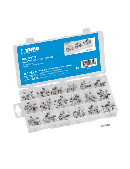 1 - Serie set kit assortimento 180 fusibili in vetro Fervi 0307/1