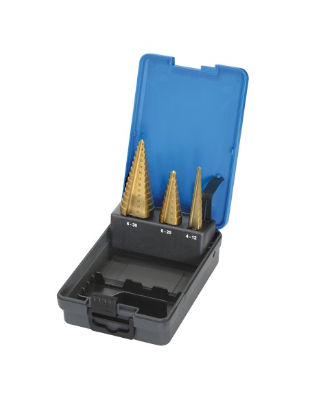 1 - Serie di 3 frese coniche gradino scalino allargatori hss da 4 a 30 mm Fervi f430