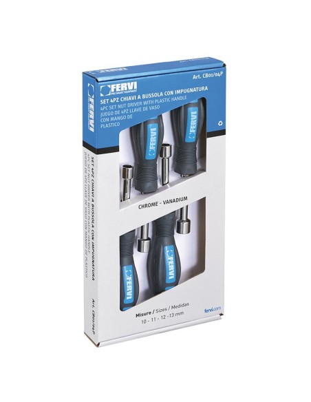 3 - Serie 4 chiavi cacciavite a bussola 10 - 13 mm con impugnatura Fervi cb01/04p