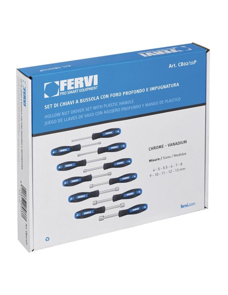 3 - Serie 11 chiavi a bussola con impugnatura 4-13 mm Fervi cb02/11p