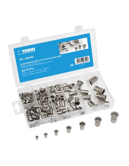 1 - Serie 150 rivetti inserti filettati in acciaio inox m3 - m12 Fervi 0376/ai