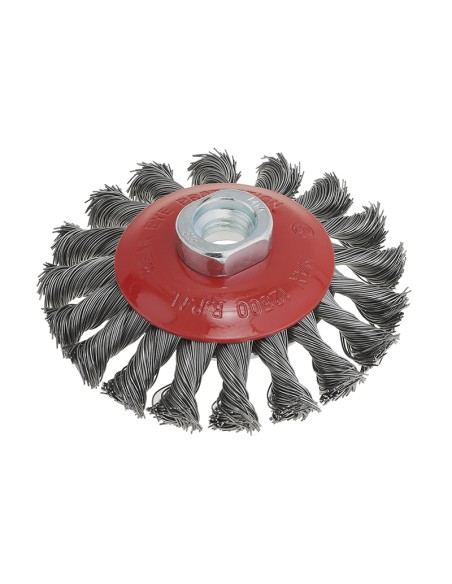 1 - Spazzola conica a mazzetti acciaio inox ritorti 120 mm attacco m14 Fervi scr120i