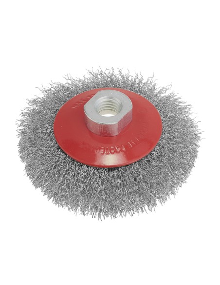 1 - Spazzola conica a fili ondulati inox 120 mm attacco m14 Fervi scf120i